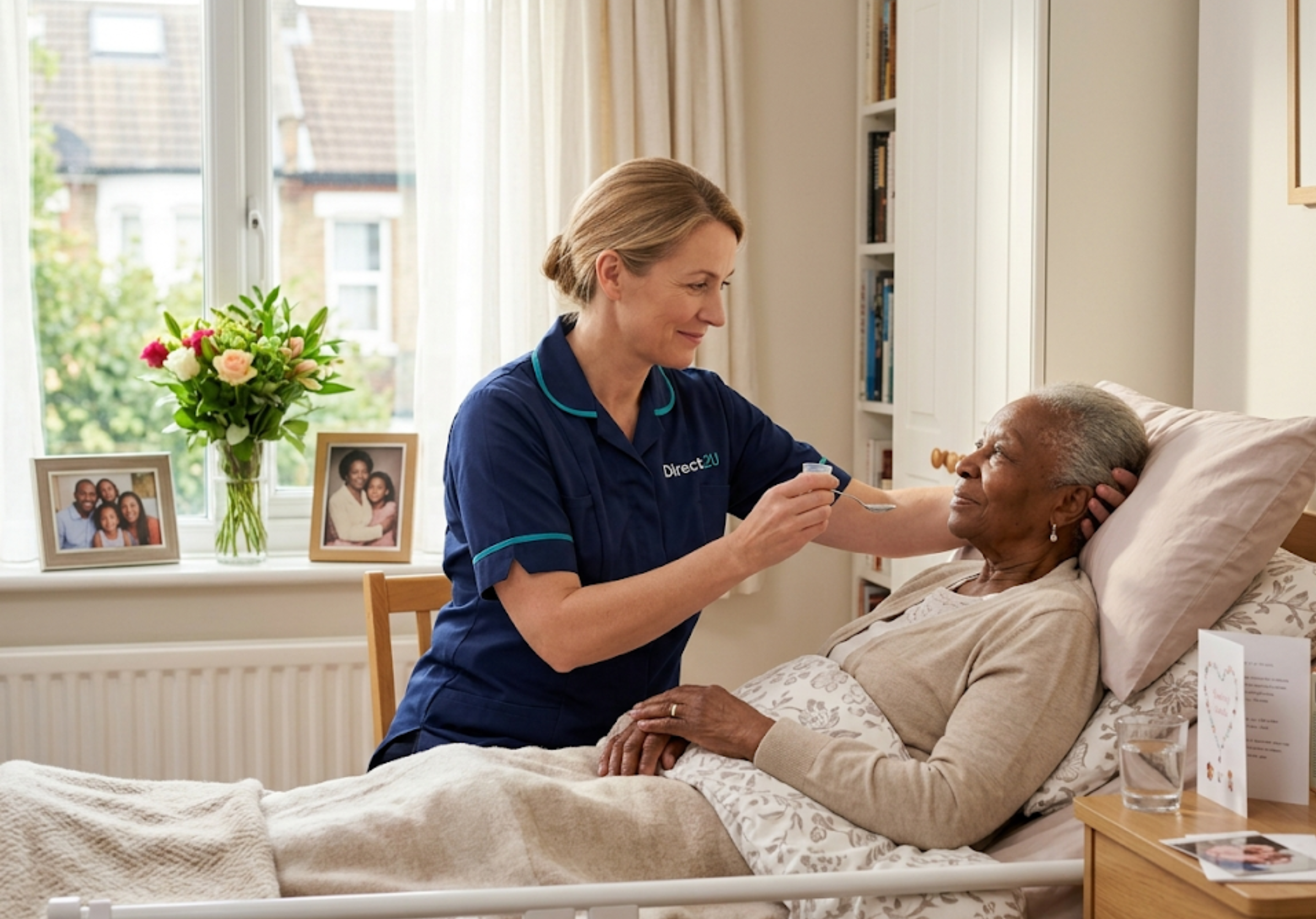 Direct2U palliative care worker administering medication with gentle expertise to an elderly client at home in North London